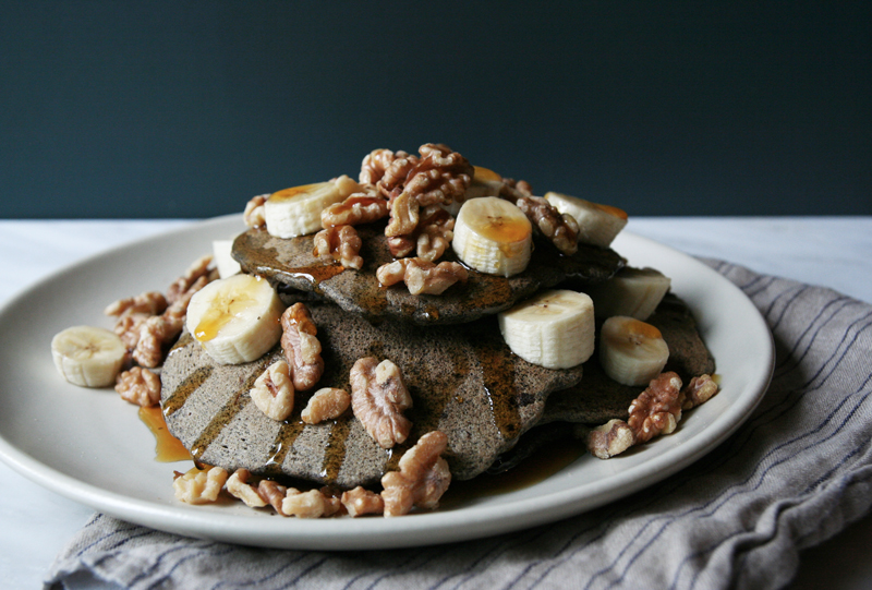 Buckwheat Cacao Chocolate Chip Pancakes with Bananas and Walnuts - Willa Wellness