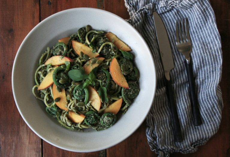 Zucchini Pasta with Pumpkin Seed Pesto and Fiddlehead Ferns