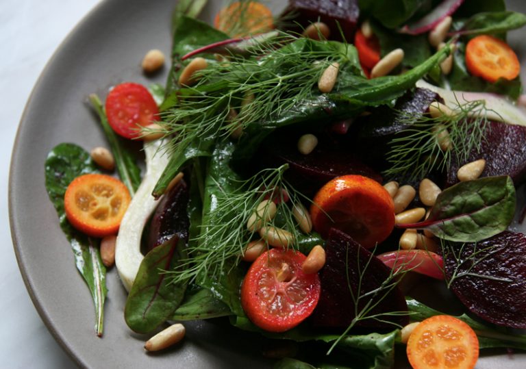 Arugula, Fennel, Beet Salad with Kumquats and Pine Nuts