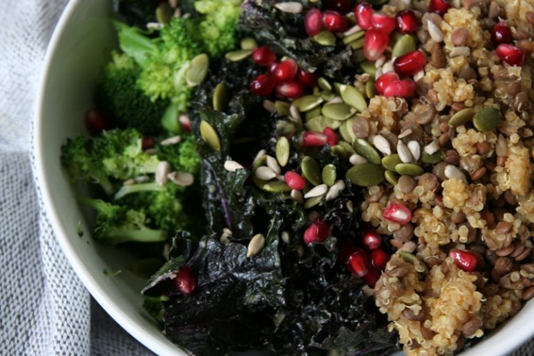 Broccoli, Marinated Kale, Lentil & Quinoa Bowl with Pomegranate Seeds