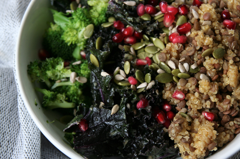 Broccoli, Marinated Kale, Lentil & Quinoa Bowl with Pomegranate Seeds - Willa Wellness