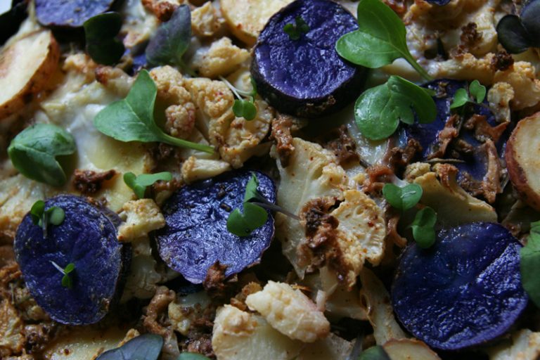 Cauliflower and Tricolor Potato Pie with Morel Mushrooms